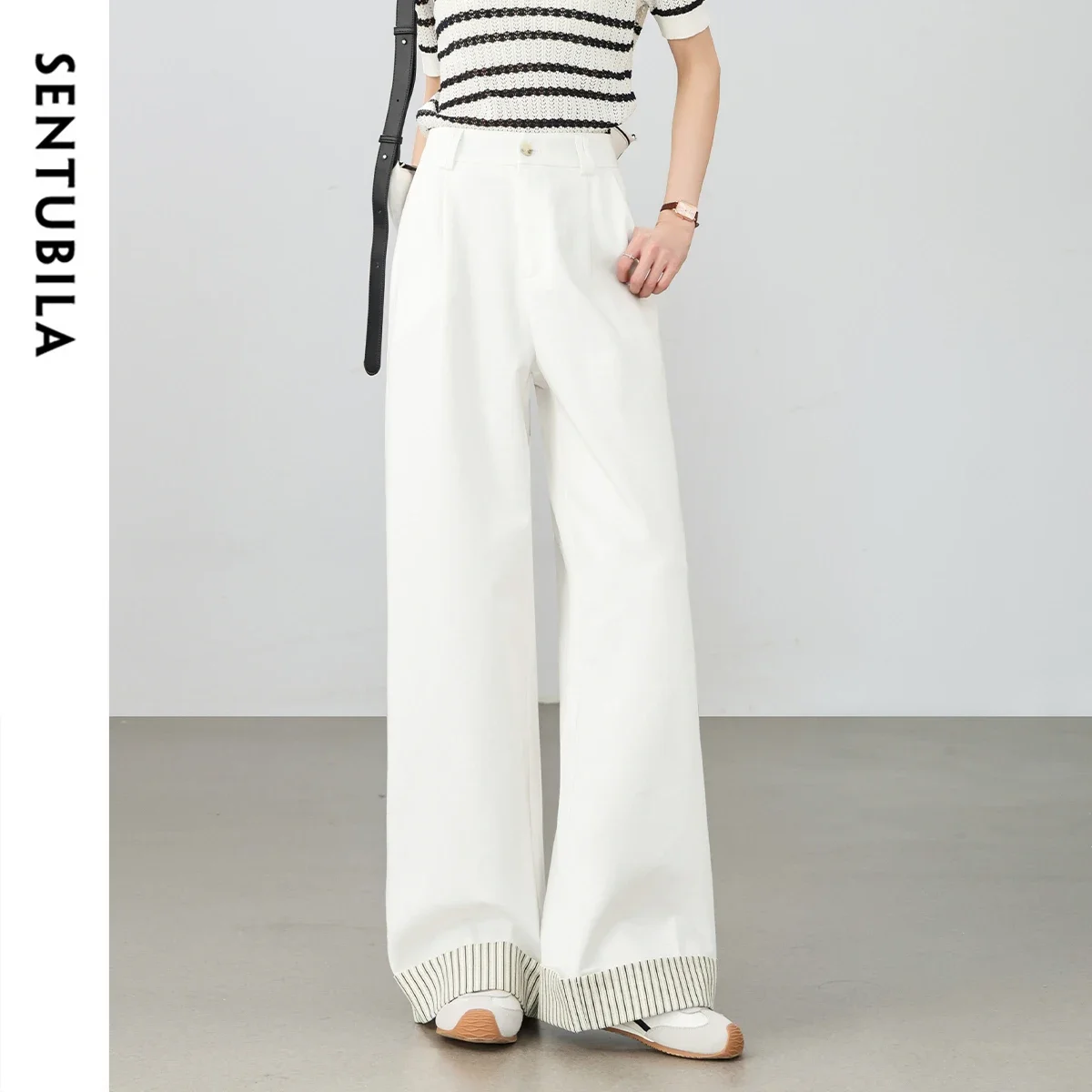 

SENTUBILA Elastic High Waist White Pants Woman 2025 Ladies Casual Loose Wide Leg Long Pant Cuffs Striped Hem Trousers W52K80152