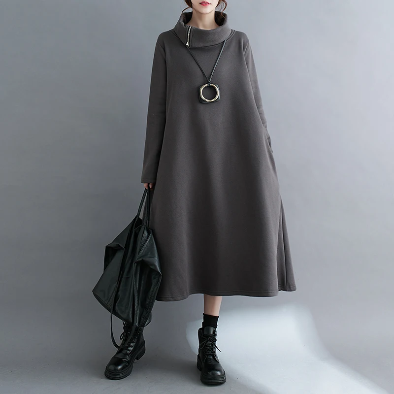 #4001 Winter Black Gray Zipper Turtleneck Dress Women Loose A-line Sweatshirt Dresses Ladies Loose Thick Warm Fleece Midi Dress