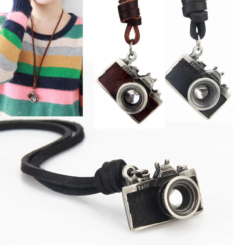 

Vintage Camera Pendant Necklace with Long Leather Chain Retro Photography Charm Jewelry for Women Men Unisex Fashion
