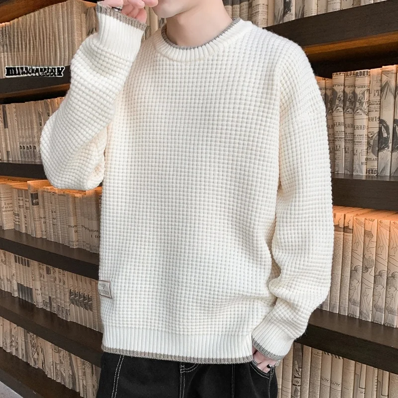 

Men's White Knitted Sweater round Ne Faionable Spring Base Layer Casual Sle Thiened Long Sve Color