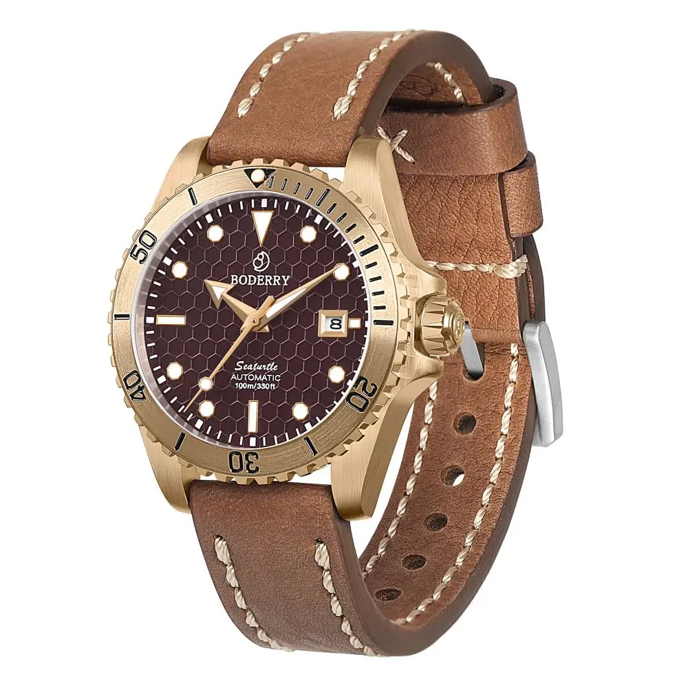 BODERRY Mens Automatic Watches Bronze Watch Sport Mechanical Wristwatch Diver 100m Waterproof Sapphire C3 Luminous Miyota 8215