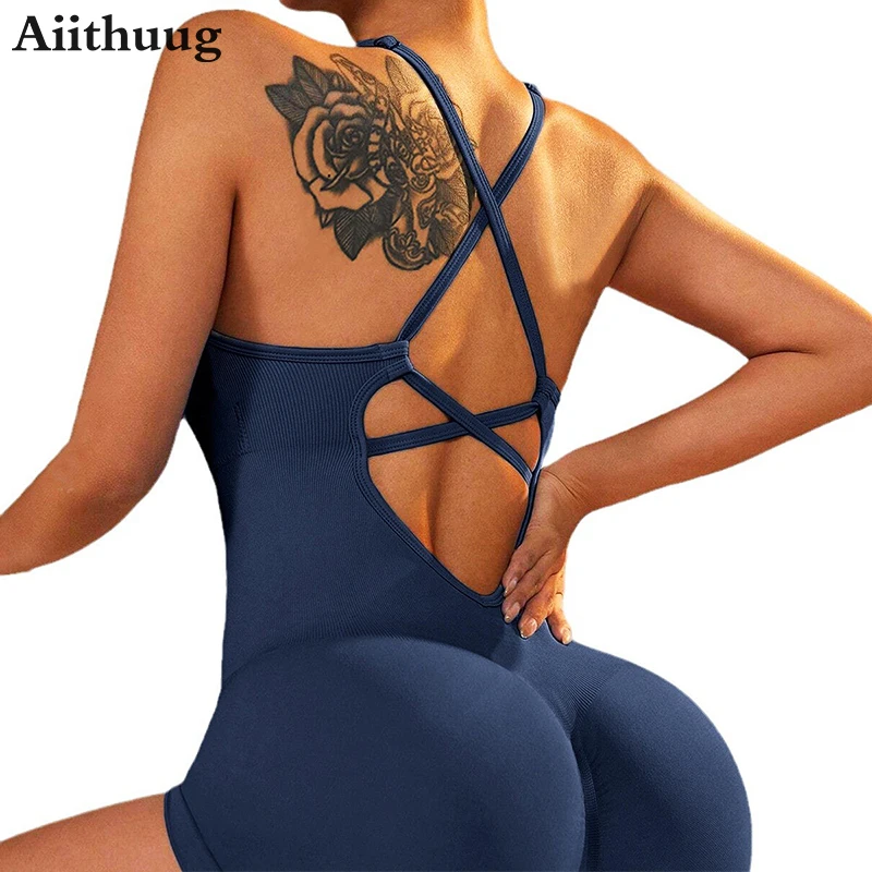 

Aiithuug Sexy Crisscrosss Jumpsuits Seamless Sleeveless Backless Workout Gym Bodysuit Shorts Butt Lifter Yoga Pilates Rompers