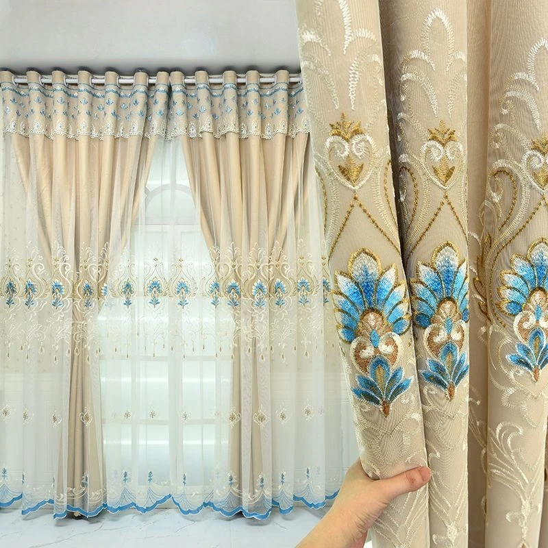 Luxury Double-Layer Curtain with Embroidered Floral Pattern European Style Blackout & Sheer Combo for Living Room & Bedroom