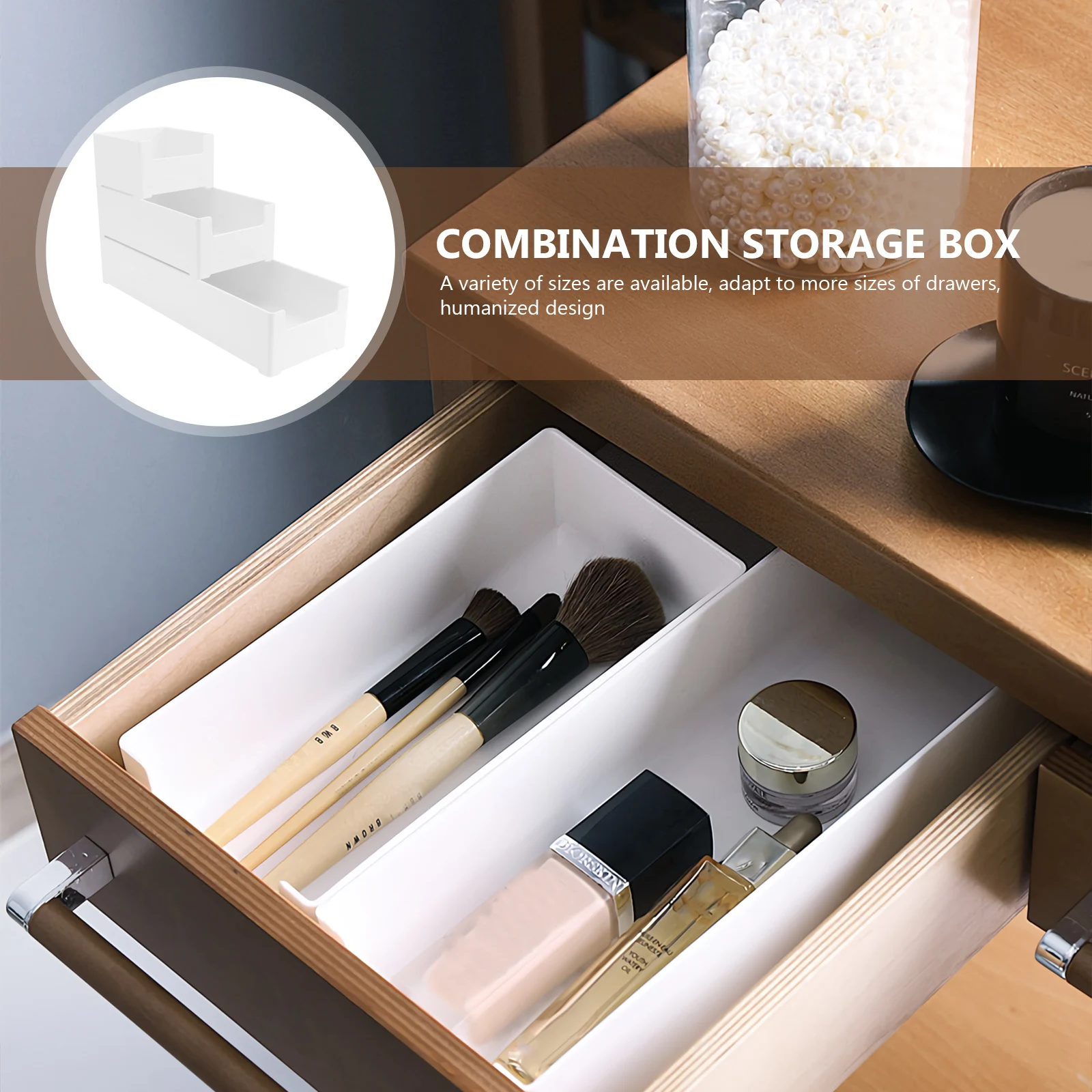 

3pcs Bamboo Drawer Storage Box Stackable White Multifunctional Tableware Cutlery Sundries Simple Space Saving Organizer