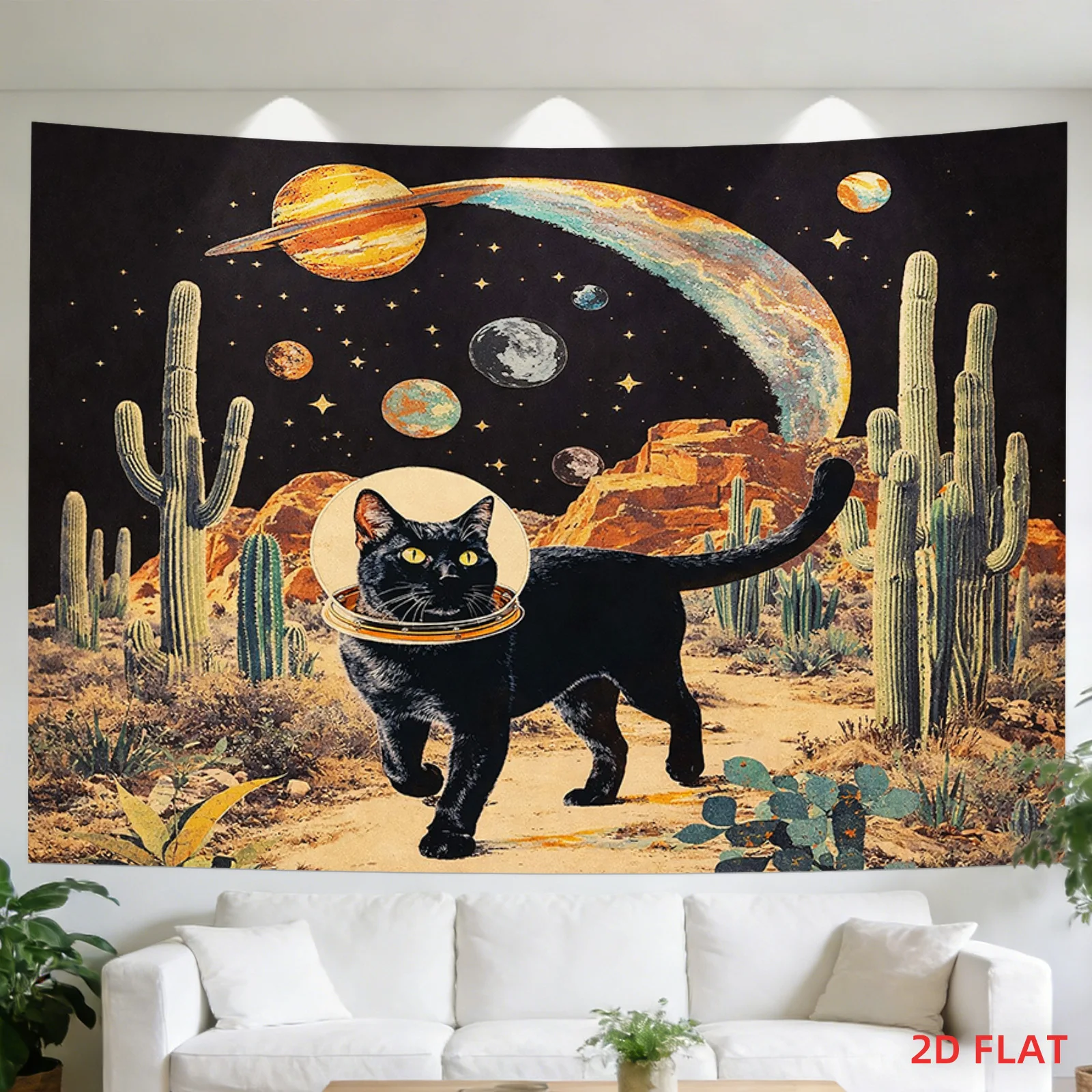 Cosmic Cat Space Tapestry Boho Wall Decor Astronomy Galaxy Desert Cactus Hanging Art Poster for Bedroom Living Room Aesthetic