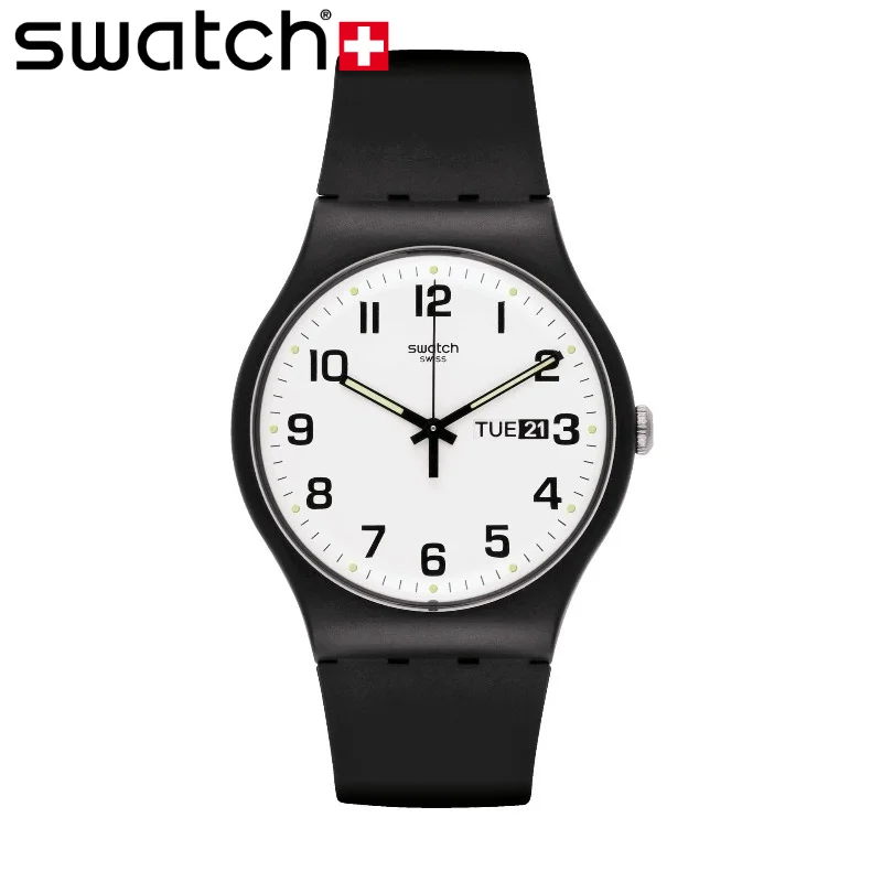 Swatch SO29B703 TWICE AGAIN 41mm White Dial Black Numerals Day Date Silicone Strap Swiss Quartz Watch 3Bar Water Resistant