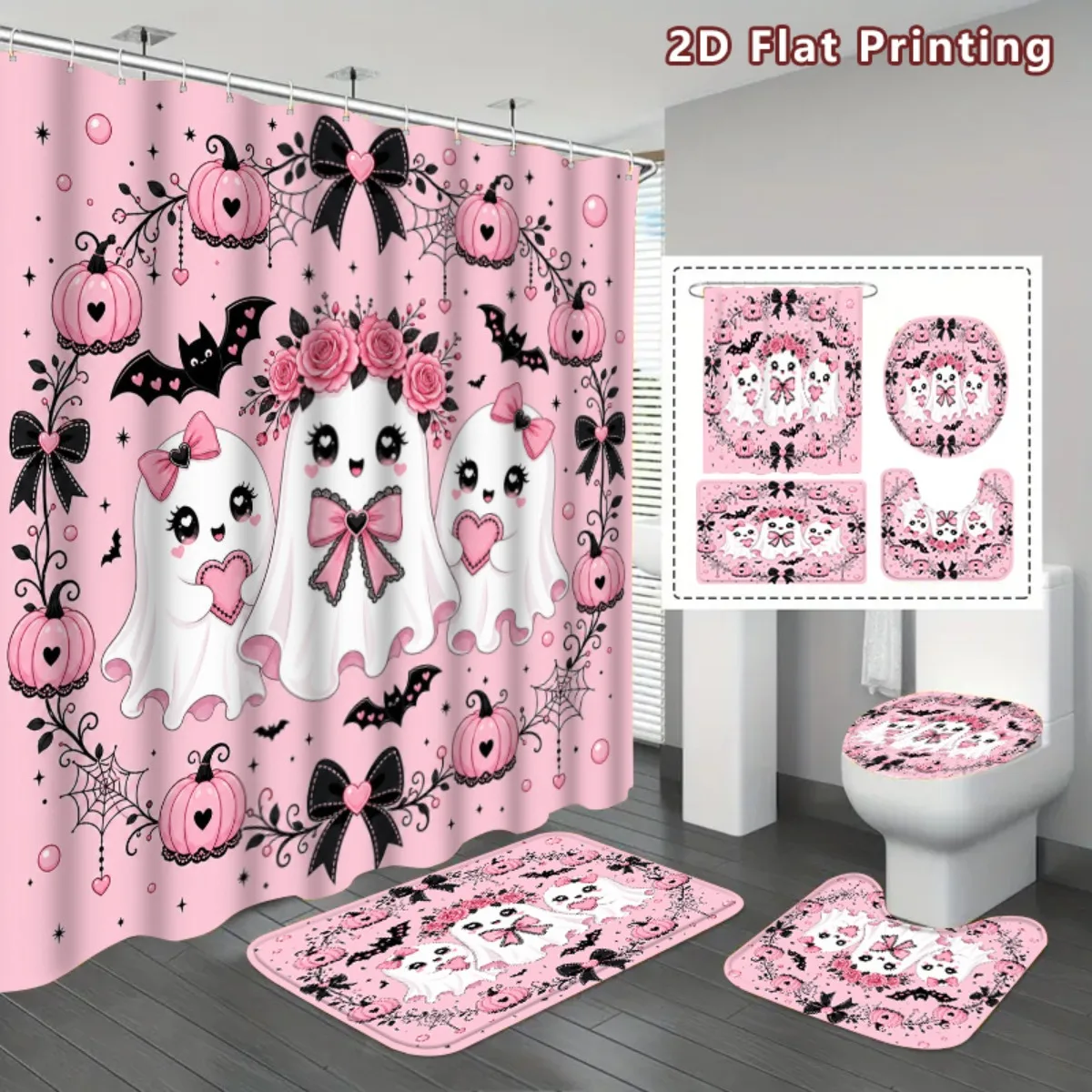 Halloween Decor Shower Curtain Set Cute Witch Black Cat Print Quick-dry Durable Waterproof Bath Curtain 12 Hooks 3pcs Floor Mat