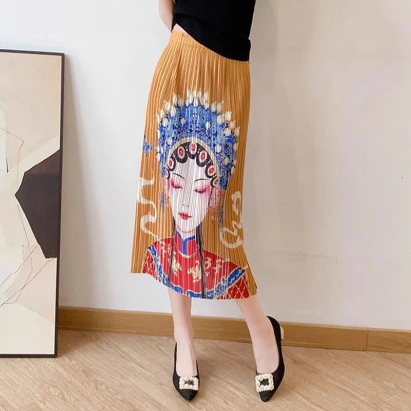 

Folded midi skirt for summer, slimming, elastic waistband, printed design,hip hugging, straight tube, slit pleated skirt