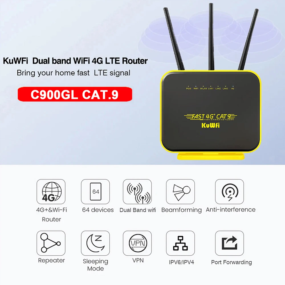 KuWFi CAT9 4G+ Router 1200Mbps 2.4G 5GHz WiFi Router 4G LTE Modem Gigabit WAN LAN Port USIM Slot AP Repeater Detachable Antennas