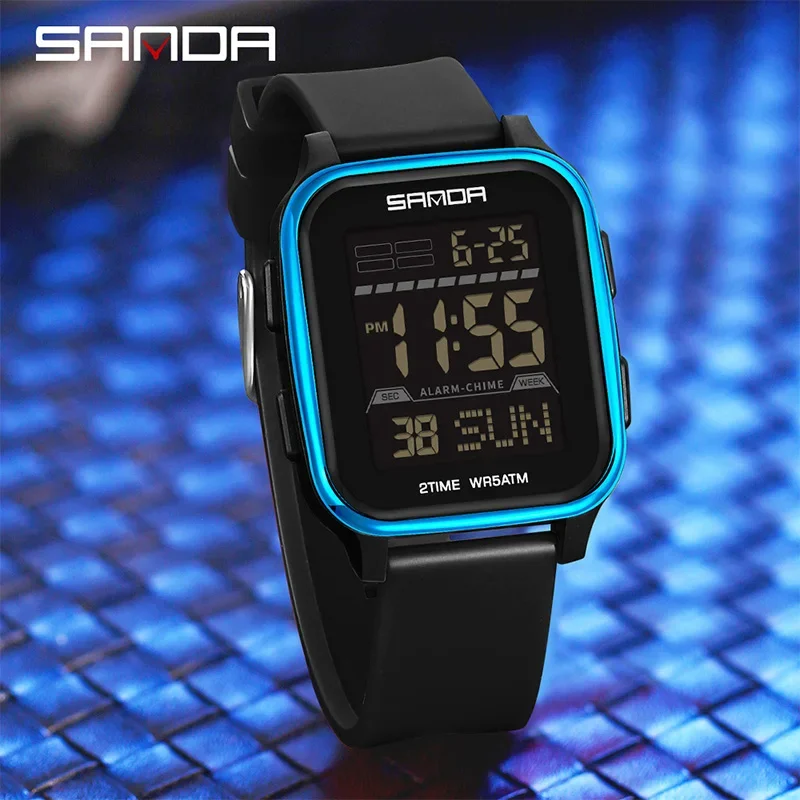 

SANDA новые модные мужские электронные часы, многофункциональные спортивные светящиеся водонепроницаемые цифровые часы с квадратным циферблатом и календарем для мужчин