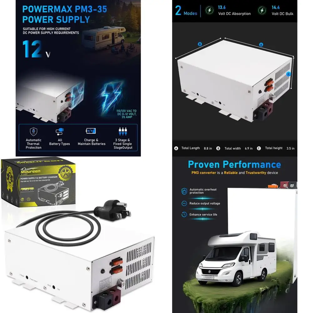 

Блок питания PM3-35 и зарядное устройство — преобразователь переменного тока 110/120 В переменного тока в 0-12 В постоянного тока, 35 А, 3-ступенчатая интеллектуальная зарядка, встроенный вентилятор, светодиодный индикатор