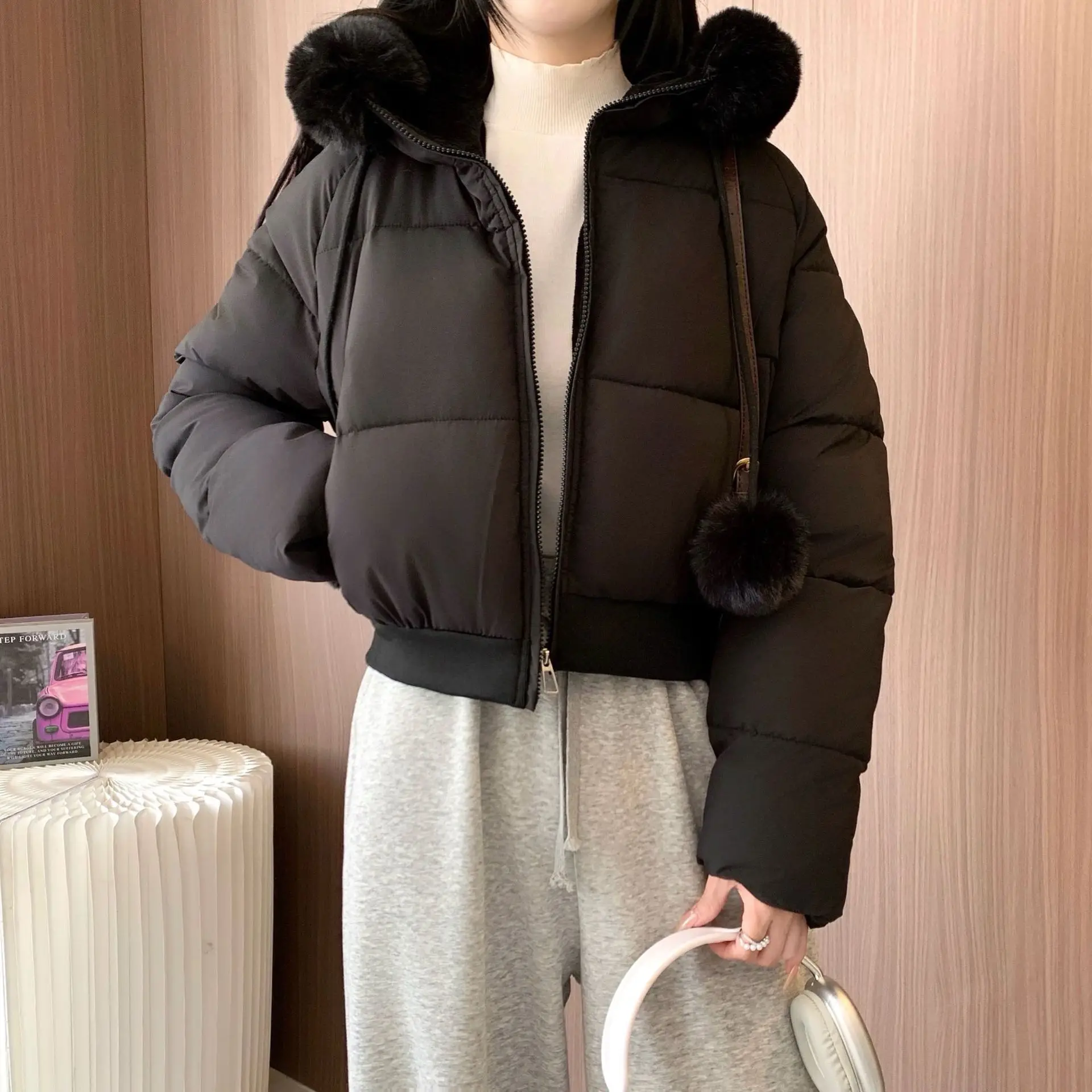 

Thickened Winter Women's Padded Coat Solid Plaid Drawstring Lambwool Short Lady's Parka Jacket Korean-style Outwear For Female