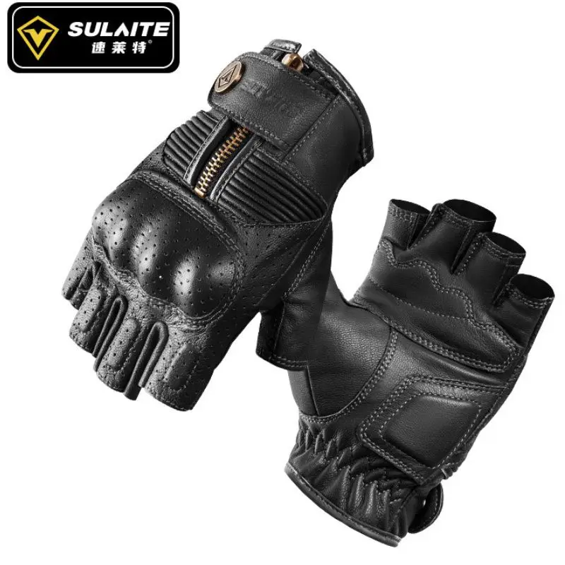 

Sulaite Half Finger Motorcycle Gloves Vintage Leather Fingerless Gloves Retro Black Moto Mtb Cycling Gloves for Men Women