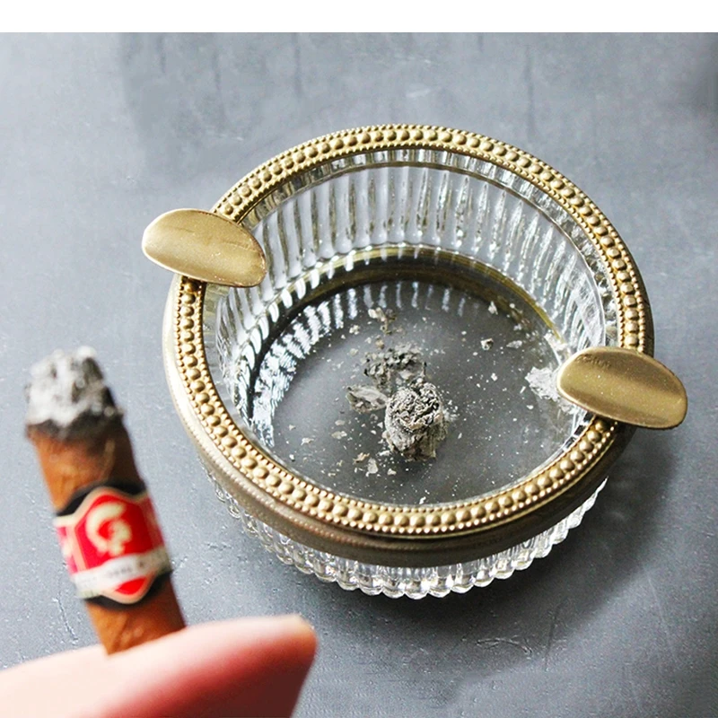 Glass Ashtray Retro Cigar Ash Tray Brass Decoration Smoking Accessories Household Desktop Storage Container