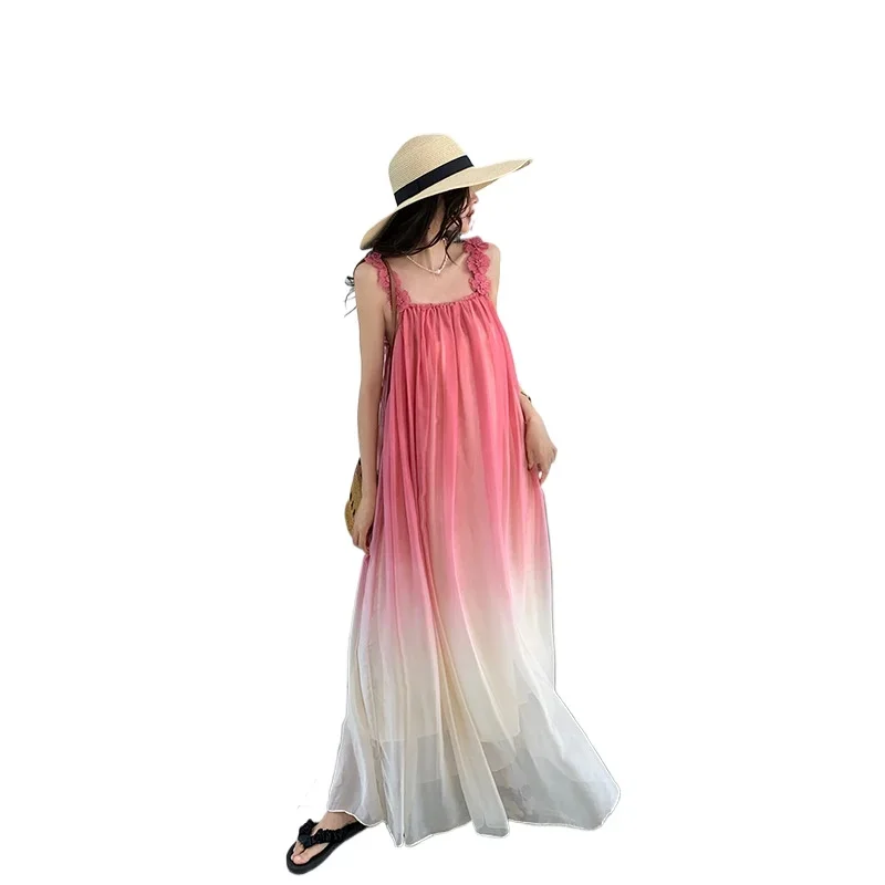 Beach dress Sanya holiday slip long dress pink gradient chiffon dress super fairy