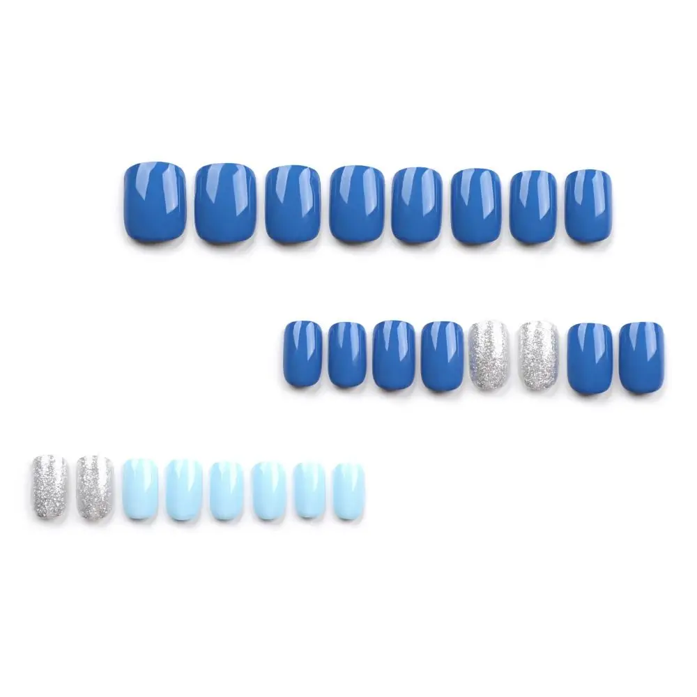 24pcs Solid Blue Color Simple Style False Nail Medium Length Full Cover Nail Tips Square Shape Silver Flash Powder Fake Nail