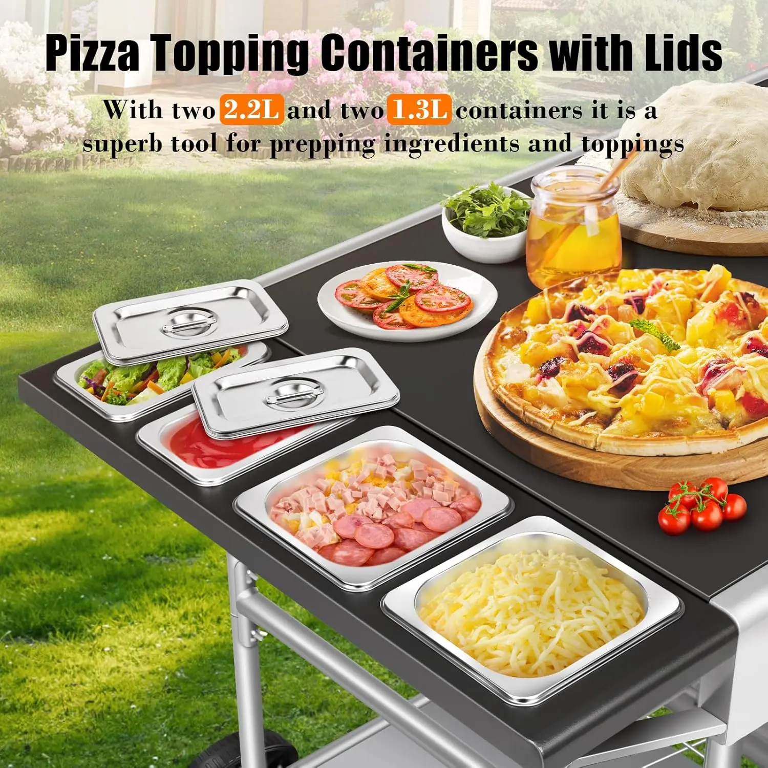 Meja Oven Pizza dengan stasiun Topping Pizza, dudukan Oven Pizza dapat digerakkan, keranjang Oven Pizza, keranjang meja panggangan luar ruangan, pekerjaan persiapan makanan