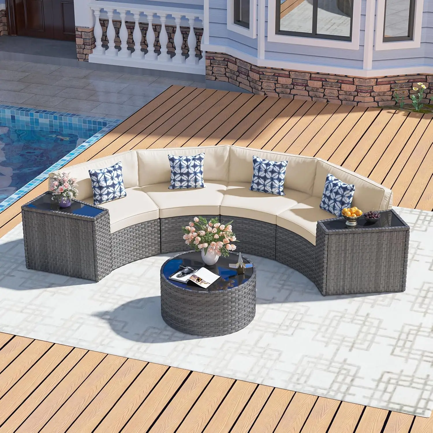 

7 Pieces Half-Moon Curved Outdoor Sectional Sofa and Side Table Waterproof Cover, Wicker Rattan Patio Coversation Set