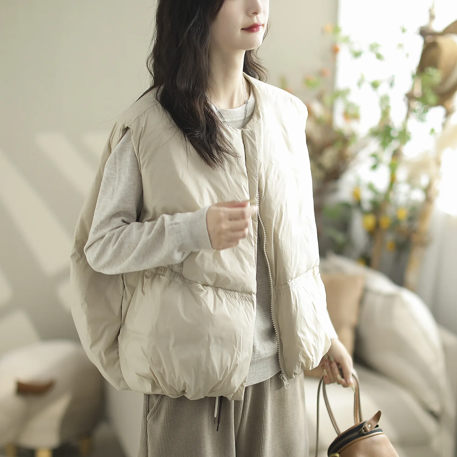 سترة نسائية دافئة بدون أكمام، كاجوال، فضفاض، رقبة دائرية، بطة بيضاء أسفل، قميص داخلي بسيط، طبقات، شتاء JJ1123 #3