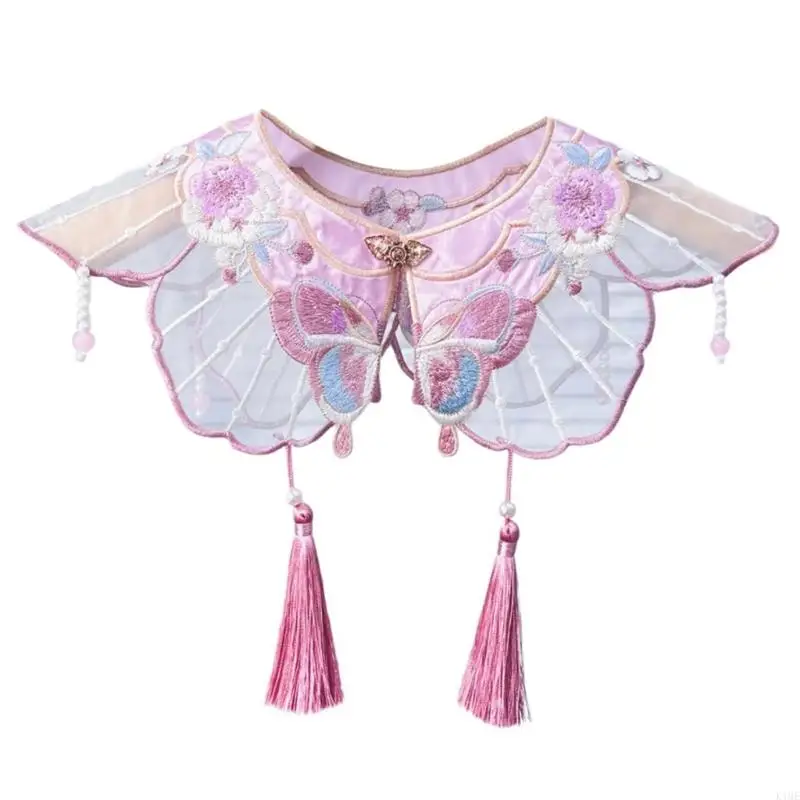 

K1ME Girls Chinese False Collar Scarf Embroidery Butterfly Pearl Tassels Shawl