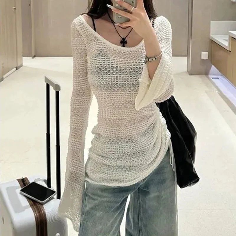 Rimocy Bell-Bottomed Sleeve White Sweater Women Hollow Out Drawstring Sun Protection Top Woman Long Sleeve Y2K Jumpers Female