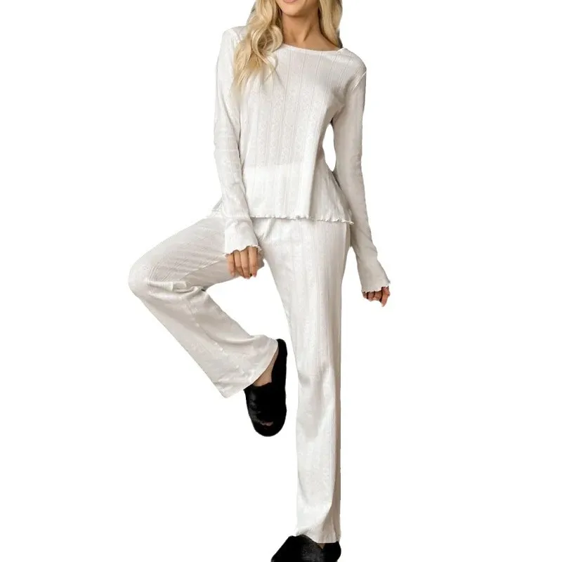 2026 New Casual Women's Pajamas Set, Long Sleeves Trousers Jacquard Design for Early Spring Home Wear European  American Style
