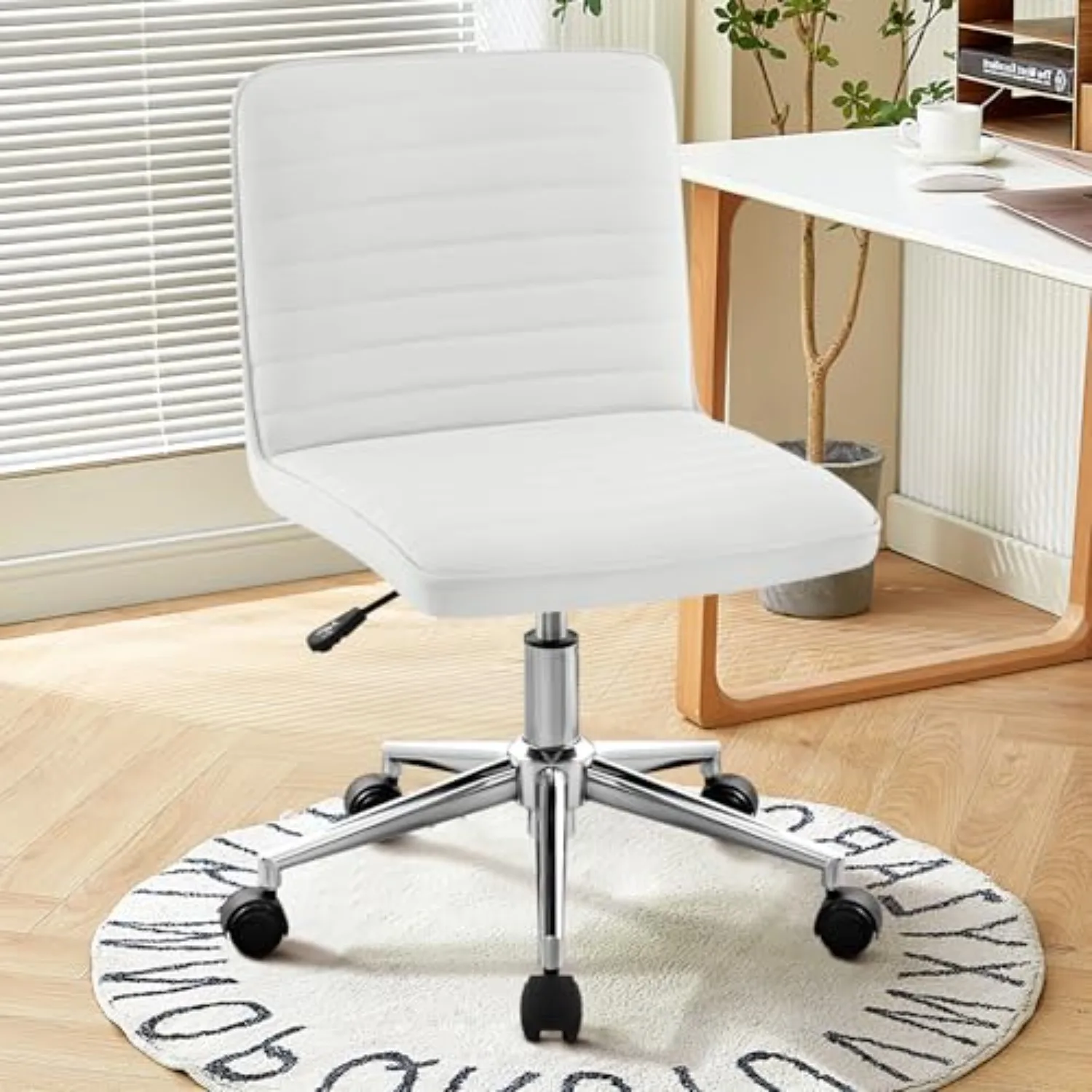 PU Leather Armless Office Chair - 360° Swivel Computer Desk Chair with Adjustable Height & Comfy Chrome Legs, Ivory