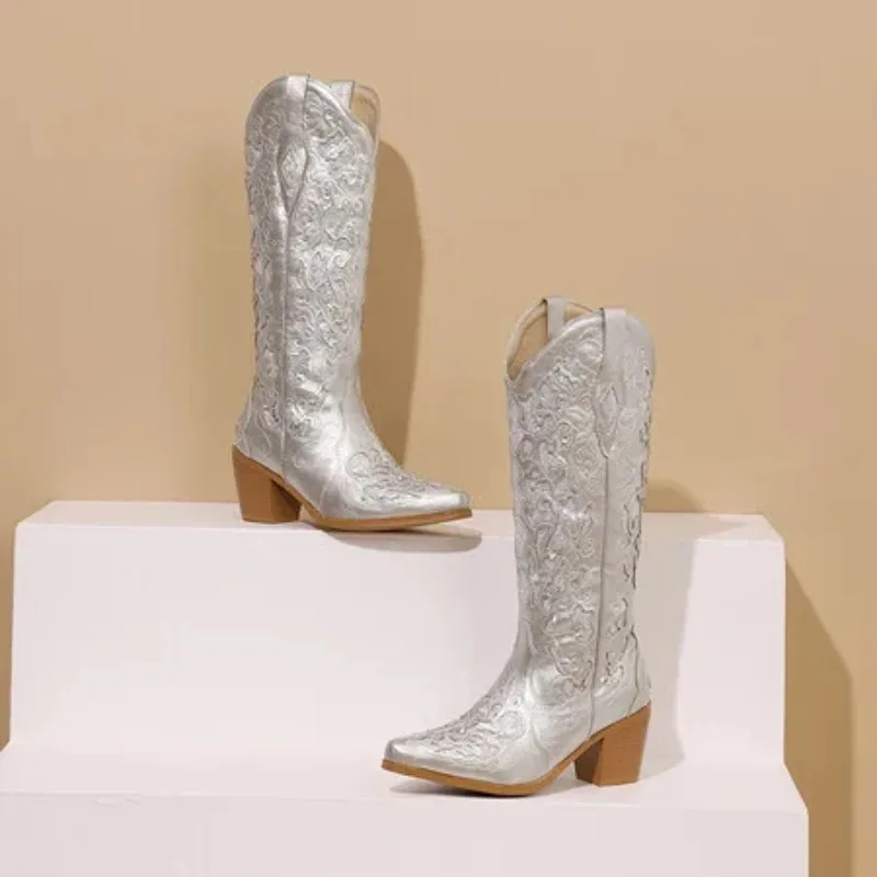 Bling Crystals Retro Western Cowboy Knee-high Boots for Women 2025 Sewing Floral Cowgirl Shoes Boots