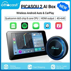 OTTOCAST PICASOU 2 CarPlay AI Box Wireless Android Auto Car Accessories Support for HDMI output Netflix Youtube Google