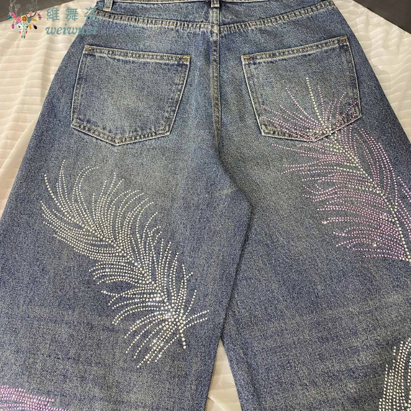Elegant Rhinestone Feather Pattern Women's Jeans Y2k Fashion Must-have High Waist Denim Pants Causal Wide-Leg Denim Streetwear