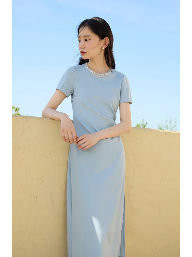 ZIQIAO Women T-Shirt Long Dress Beaded Neckline Design Women Round Neck Pleated Dress Summer Blue Female Dresses 24ZQ92465