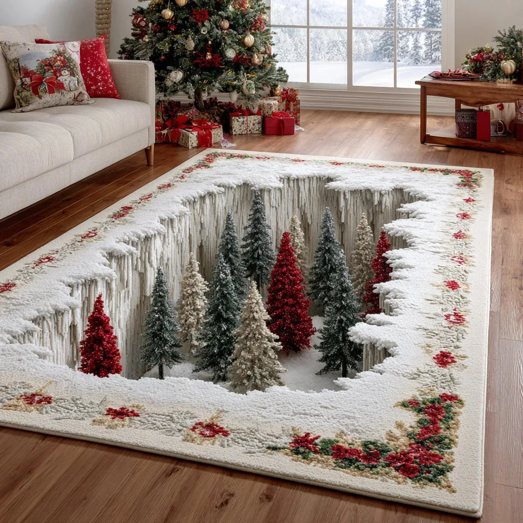 VIKAMA Christmas Area Rug White Snow Cave 3D Tunnel Winter Soft Plush Carpet Living Room Bedroom Xmas Decor Rug 120x160 cm