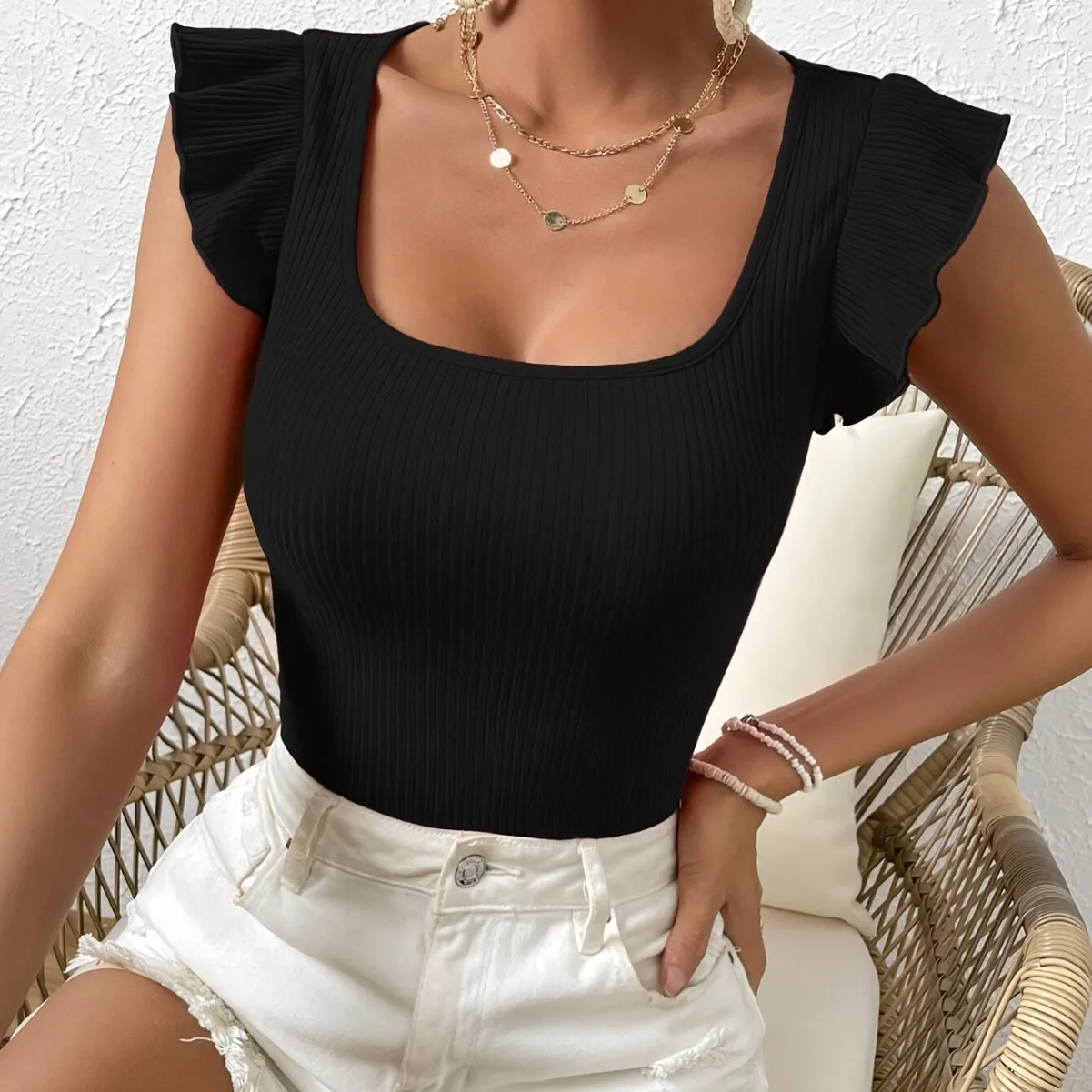 Solid O-Neck Tops Ruffle Knitted T-Shirt Sleeveless Elegant Women Short Sleeve Fashion Slim Lady Clothes Spring Summer