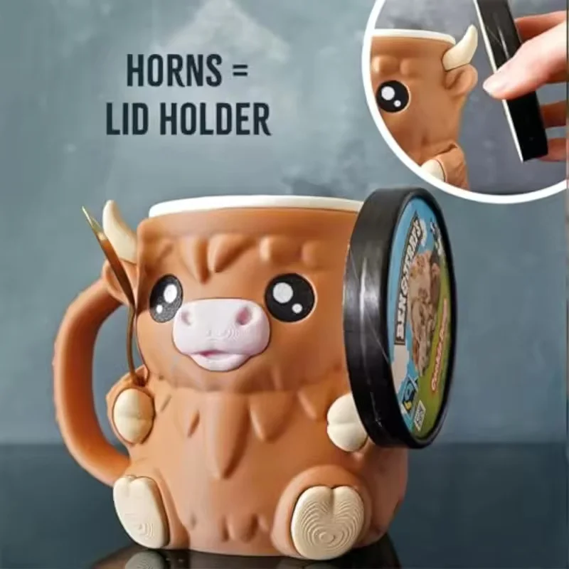 3D Printed Cartoon Cow Ice Cream Pint Holder Fun Animal Water Mug Ice Cream Cup With 2 Spoons As Holiday Gift