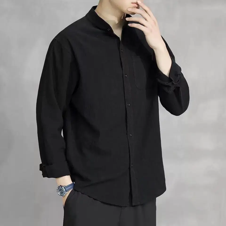 

Свободный крой Linen Long Sve irt Мужчины Весна Лето Хлопок Лен Тонкий Sle Trendy Seven-Quarter Sve irt Jaet