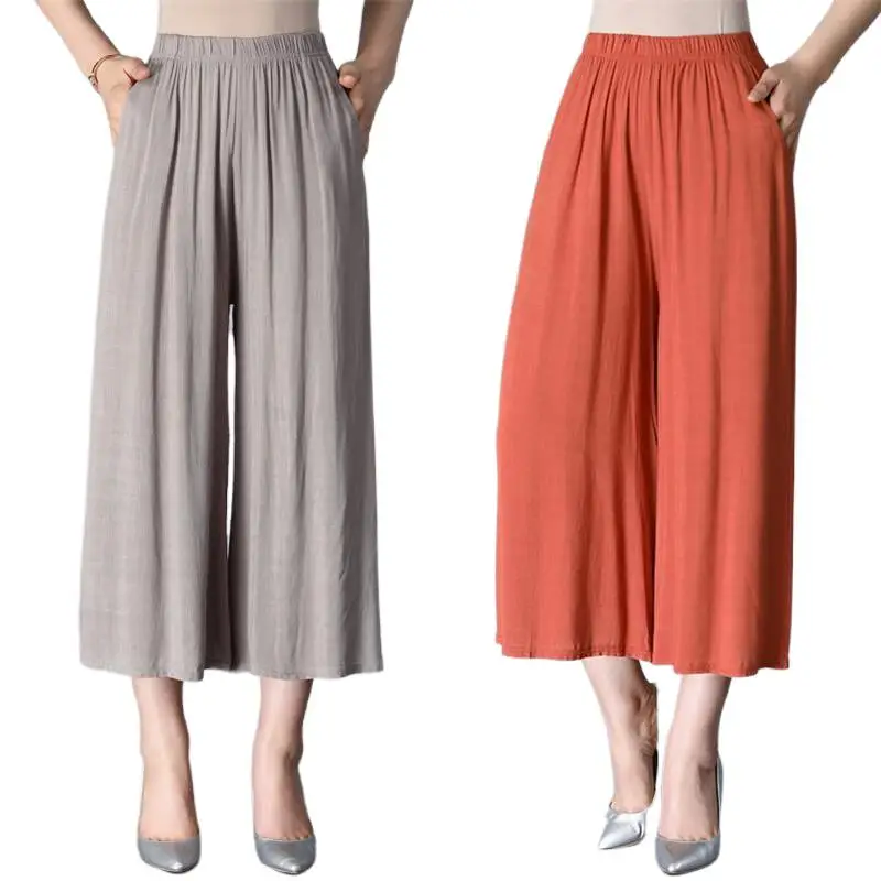 Summer Women Wide Leg Pants 8 Color Ladies Ankle-Length Straight Trousers With Pocket Cotton Comfortable Pants   