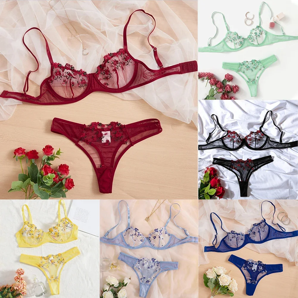 

Sexy Underwear Woman Women's Two-piece Swimsuit See Though Lace See Through Lingerie Embroidery Ultra-Thin Bra Sets Transparent