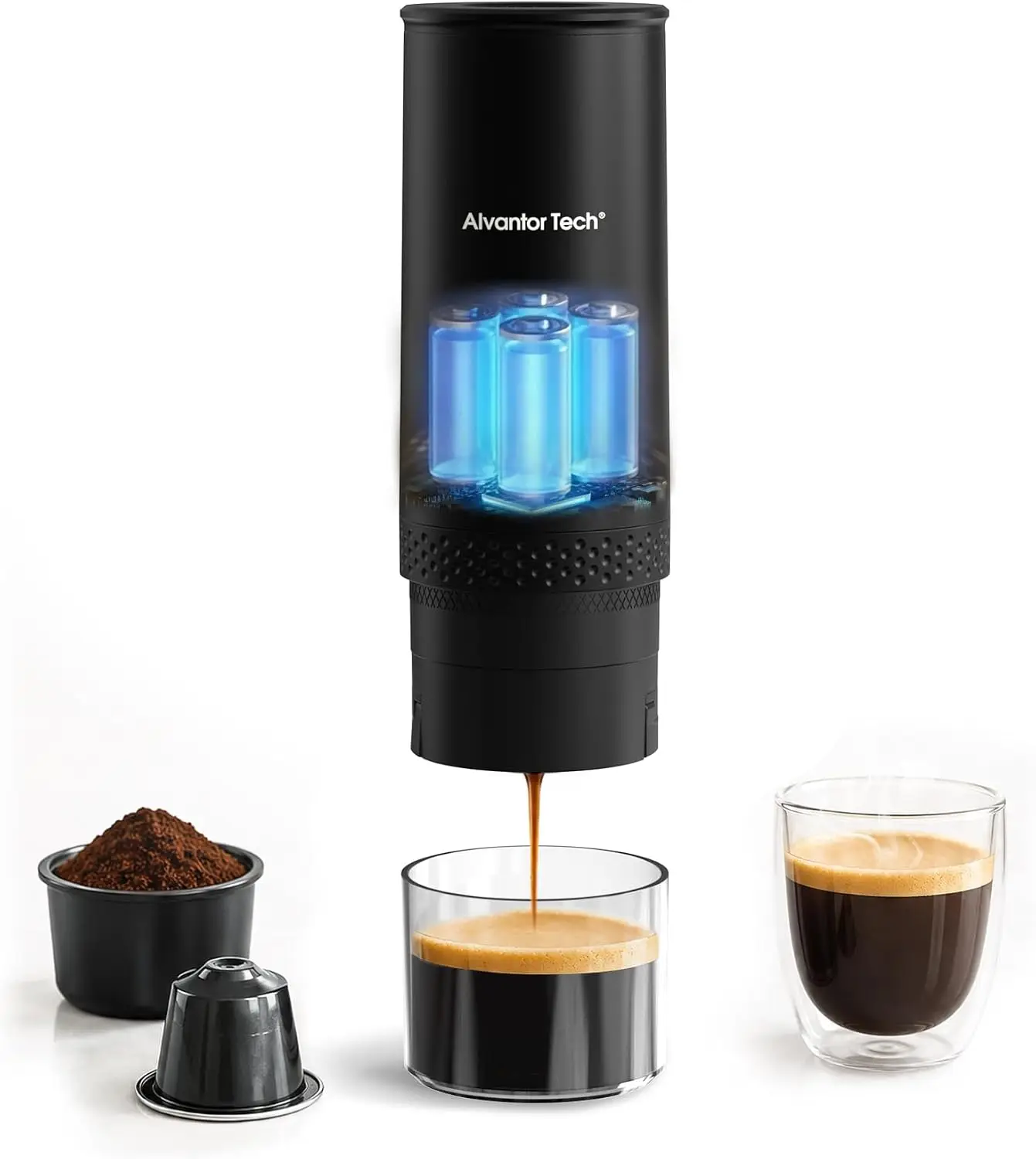 Portable Electric Espresso Machine, Mini Self-Heating Travel Coffee Maker for Ground Coffee & NS Capsules, Ideal for Camping, RV