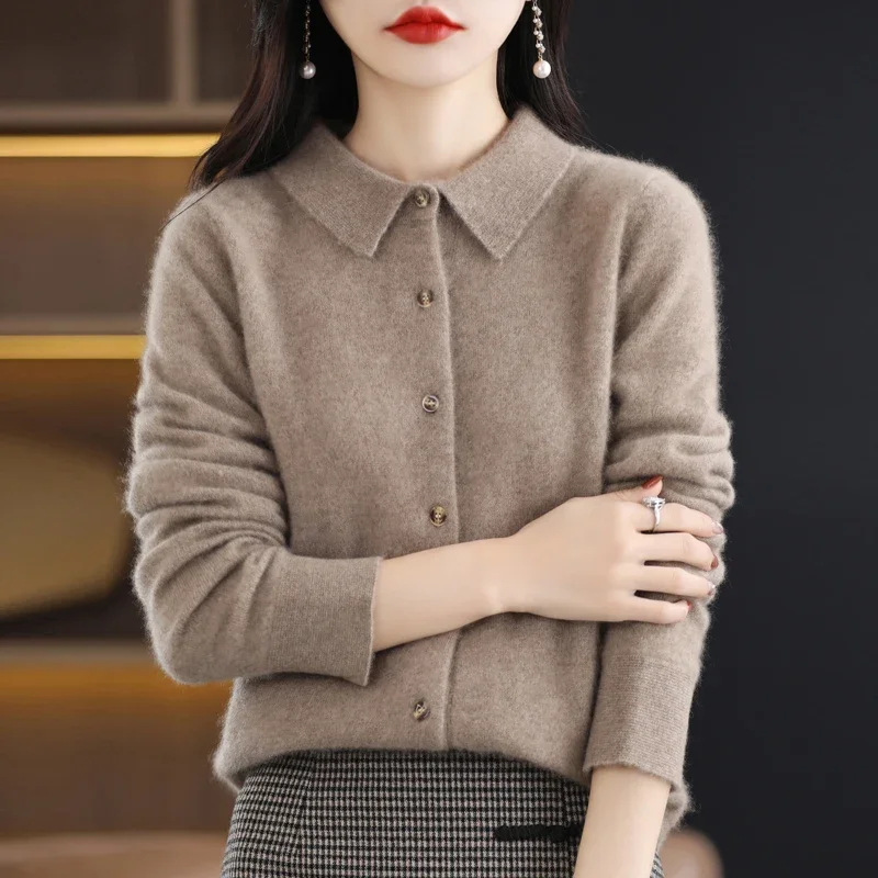 Women\'s Lapel Pure Wool Cardigan Autumn And Winter New Merino Cashmere Sweater Long Sleeve Formal Knitting Top S-XXL