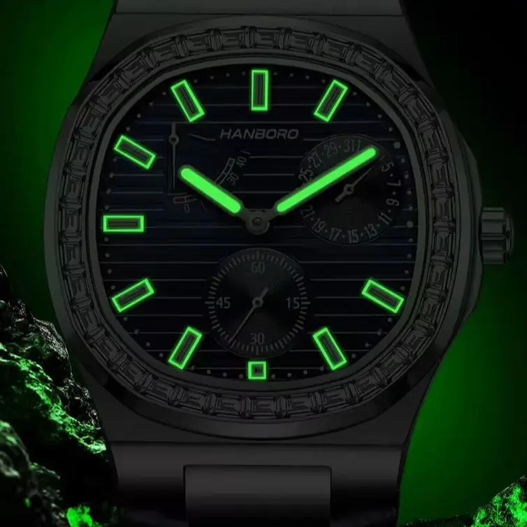 HANBORO Men Automatic Watch 38mm Square Mechanical Wristwatch 5ATM Luminous Sapphire Power Reserve & Date Dial Tianjin1780