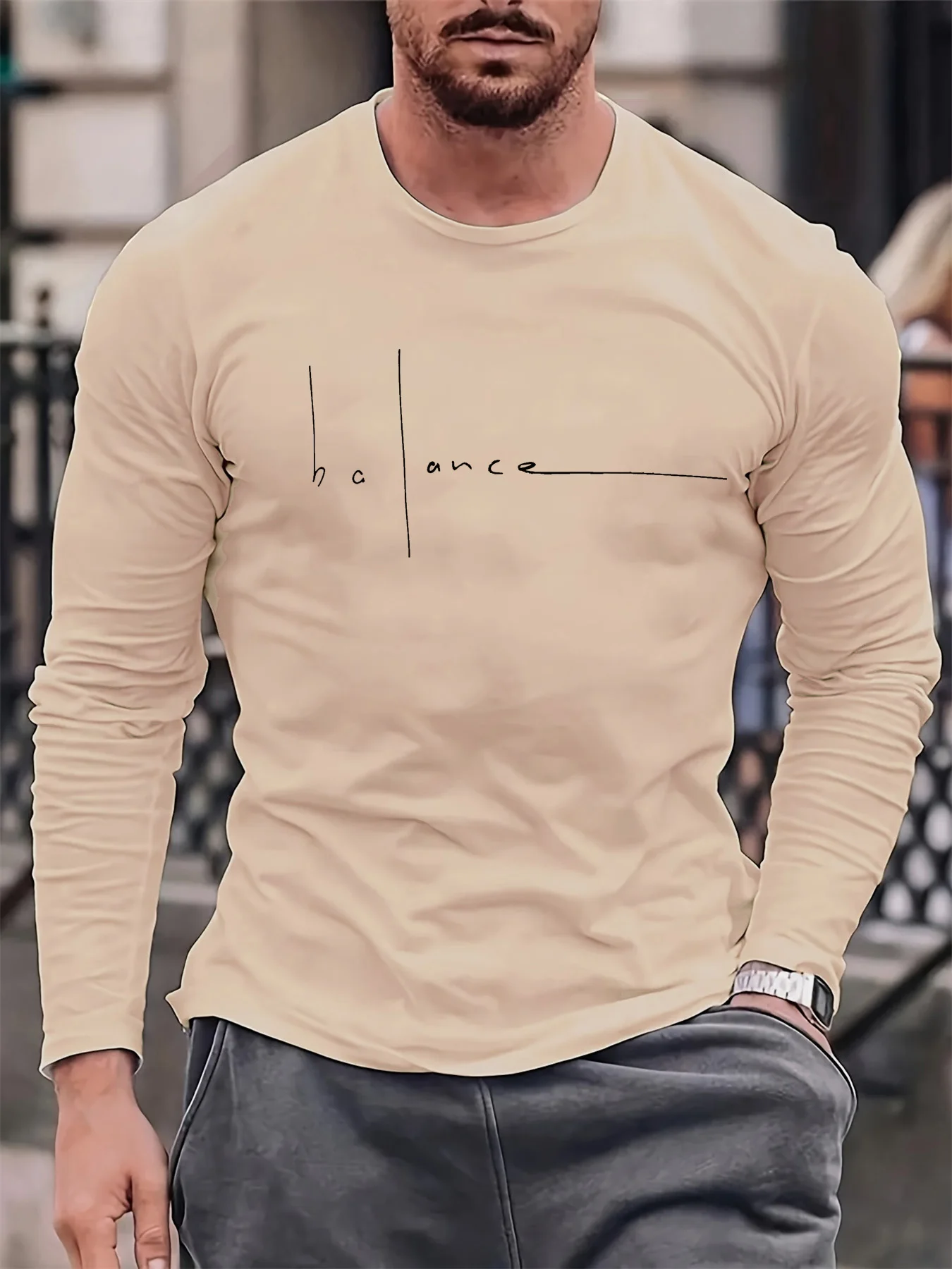 100 Cotton Men's Long Sleeved Round Neck Loose Balance Letter Pattern Printed Autumn and Winter Casual Versatile T-Shirt Top