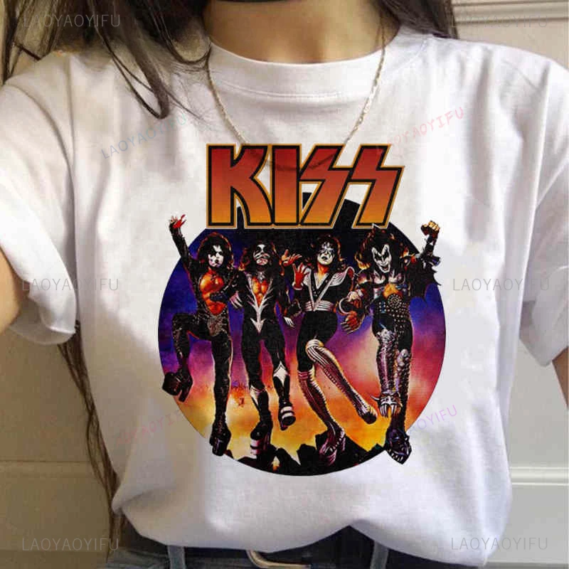 Kiss Rock Music Band Print Cotton T-Shirts Women Fashion Short Sleeve Hip Hop Men's Clothing Punk Graphic Unisex Aesthetic Tees