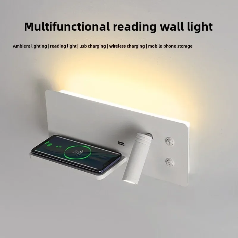 Wireless Charging Bedside Wall Light, Rotatable Reading Lamp with USB, Warm White 3000K