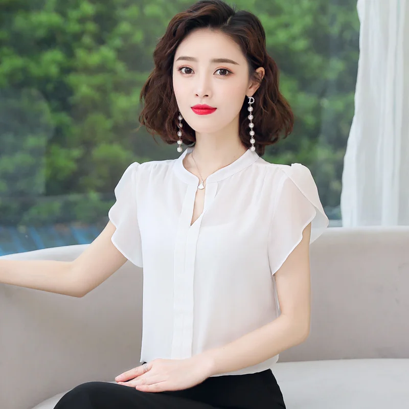 Thin Short Sleeved Chiffon Versatile Shirt For Women'S Summer New Korean Style Fashionable Standing Collar Flower Bud Sleeve Top