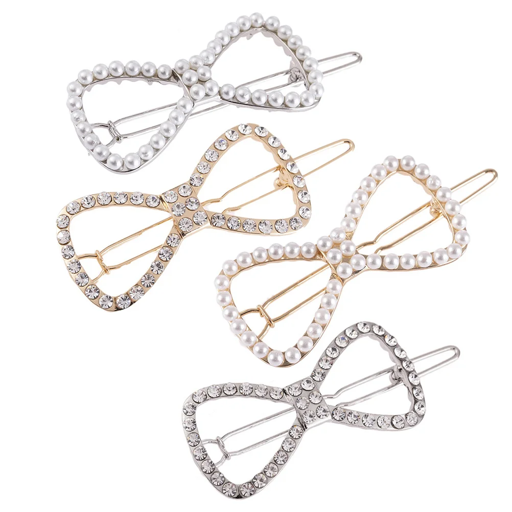 

4Pcs Pearl Hair Clips Hollow Bowknot Rhinestone Crystal Side Clips Fashion Hairpin Set Stylish Durable Bobby Pins for Girls