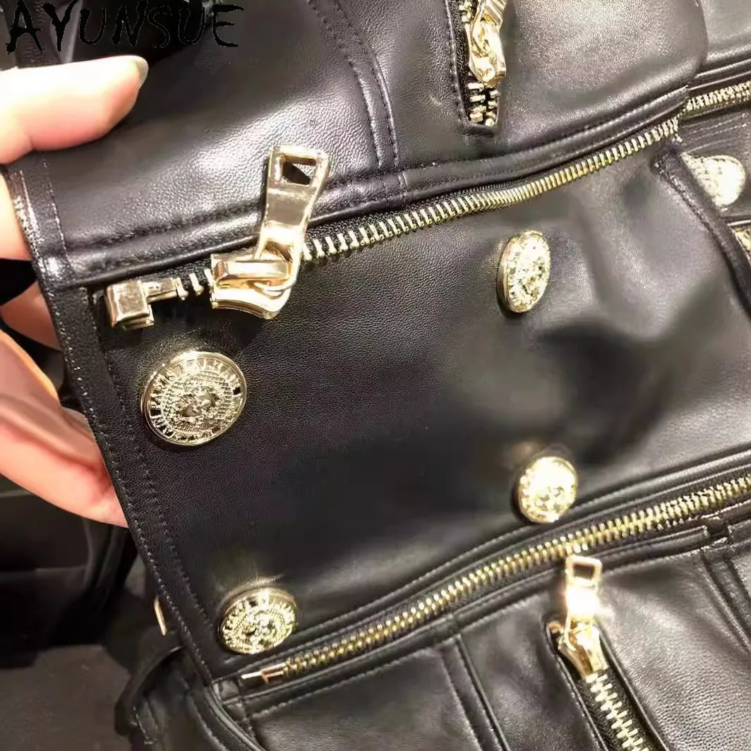 AYUNSUE Giacca in vera pelle per donna 2025 Pelle di pecora nera Donna Moto Giubbotti Primavera Autunno Abbigliamento │ ngaха Жiichtха Ж misce