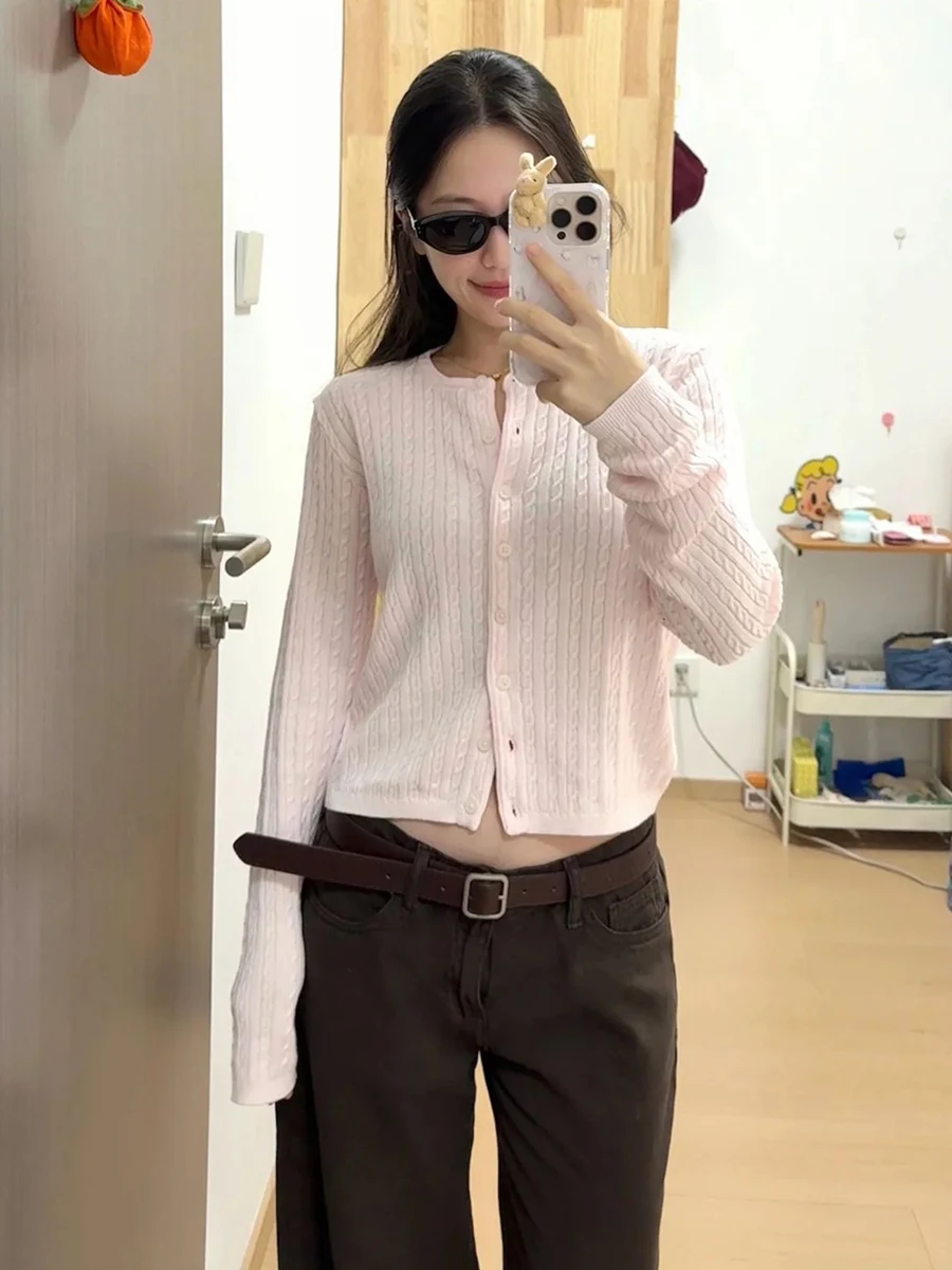 Twist Flower Baby Pink Sweater Cardigan Woman Autumn O-neck Single Breasted Long Sleeve Crop Top Cotton Sweet Cute Knitwear Tops