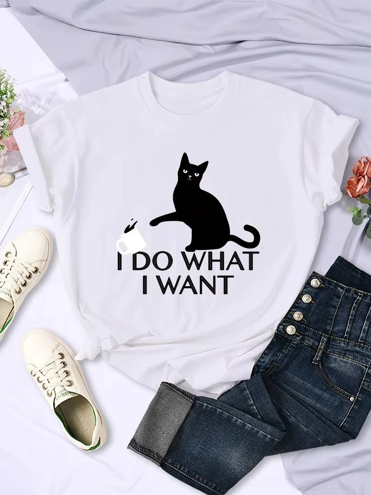 تي شيرت نسائي على شكل قطة سوداء أفعل ما أريده تي شيرت نسائي أنيق إبداعي بأكمام قصيرة عتيق ملابس نسائية غير رسمية قابلة للتنفس