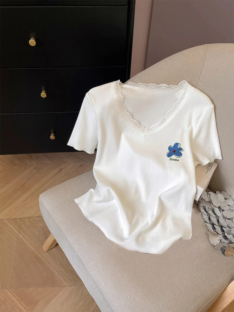 

Футболка Sweet Lace V-Ne ort Sve Повседневная свободная посадка Summer Faion Trend ex Top Moisture ng Обычная длина