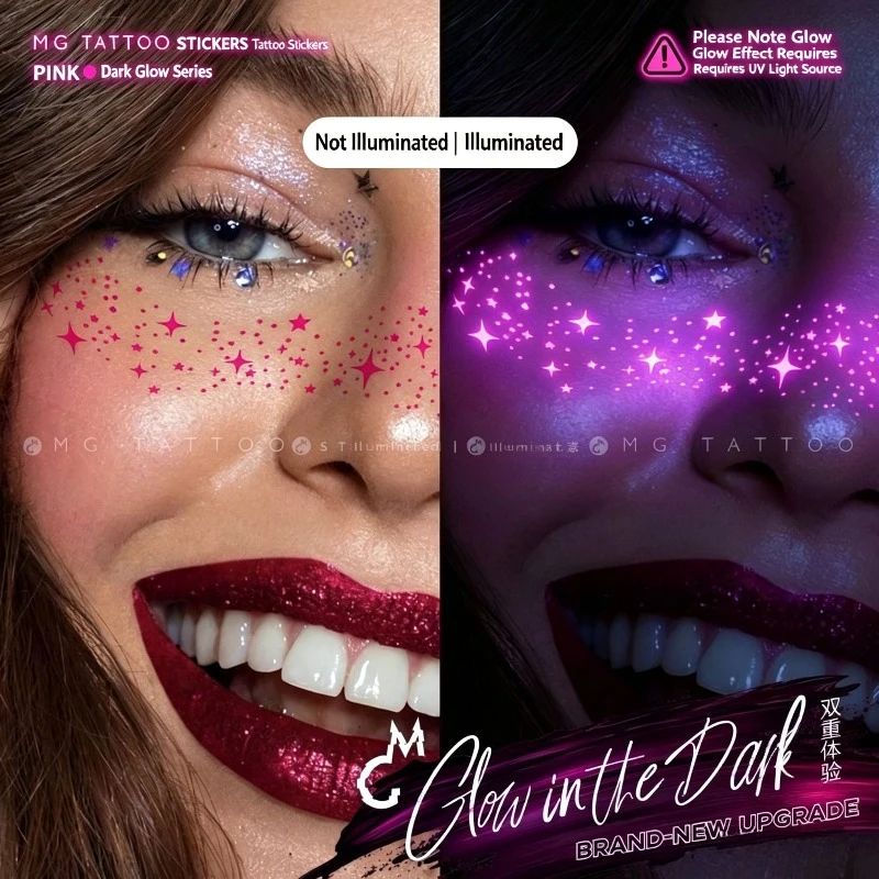 Glow in Dark Party Tattoo Stickers for Woman Freckles Fluorescent Night Luminous Fake Tattoo Face Art Pink Temporary Tattoos